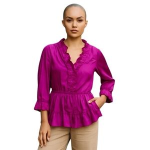 REBECCA TAYLOR HOT PINK MAGENTA SILK RUFFLED LING SLEEVE BLOUSE TOP 0